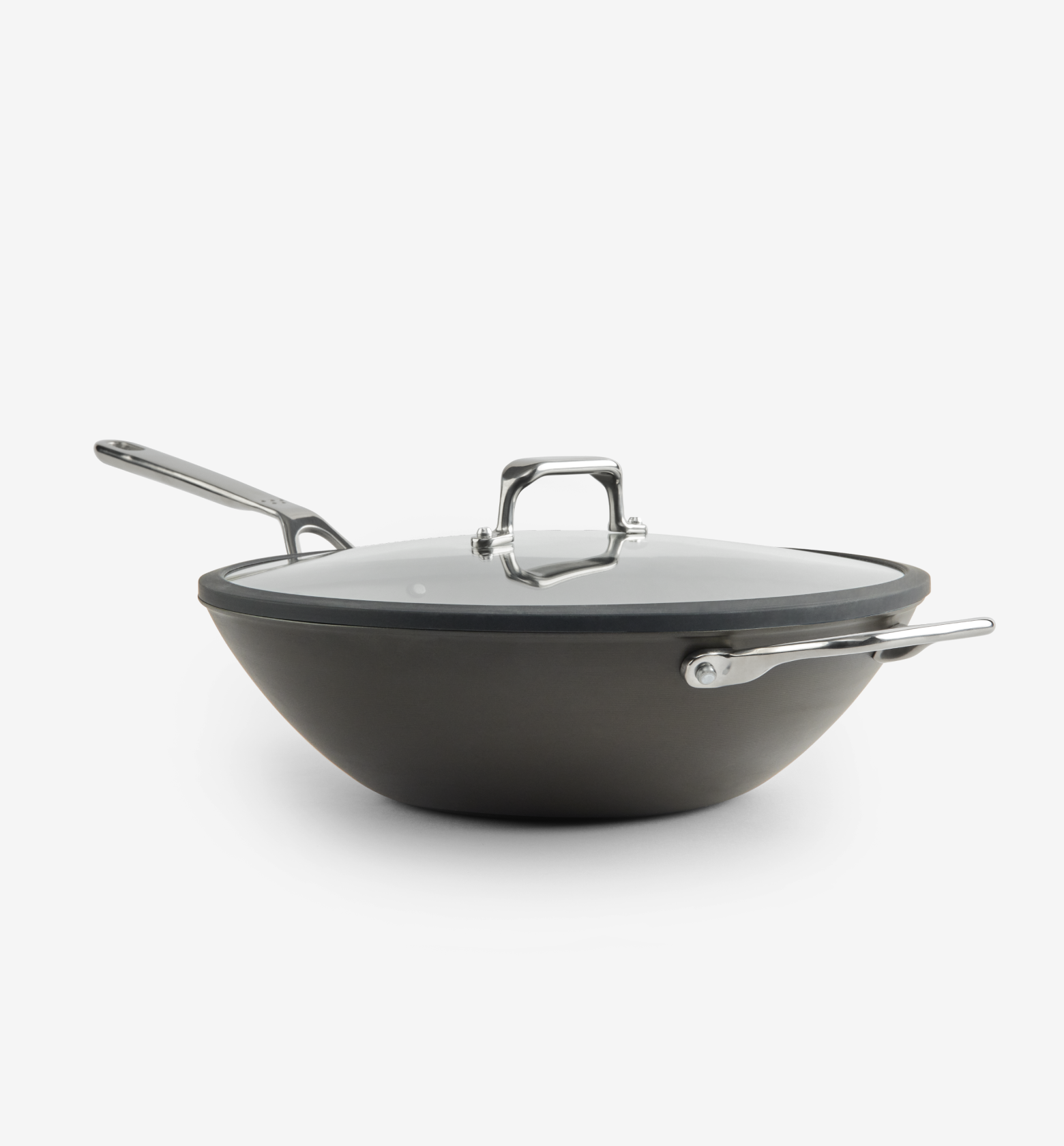 Hard-anodized nonstick wok with glass lid and stainless steel handle