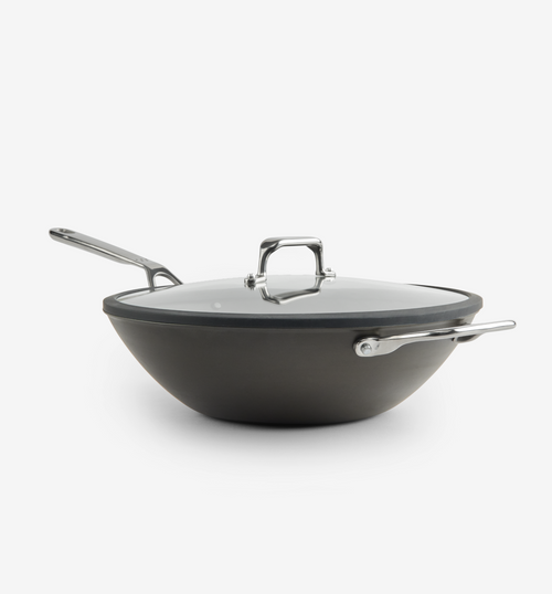 Hard-anodized nonstick wok with glass lid and stainless steel handle