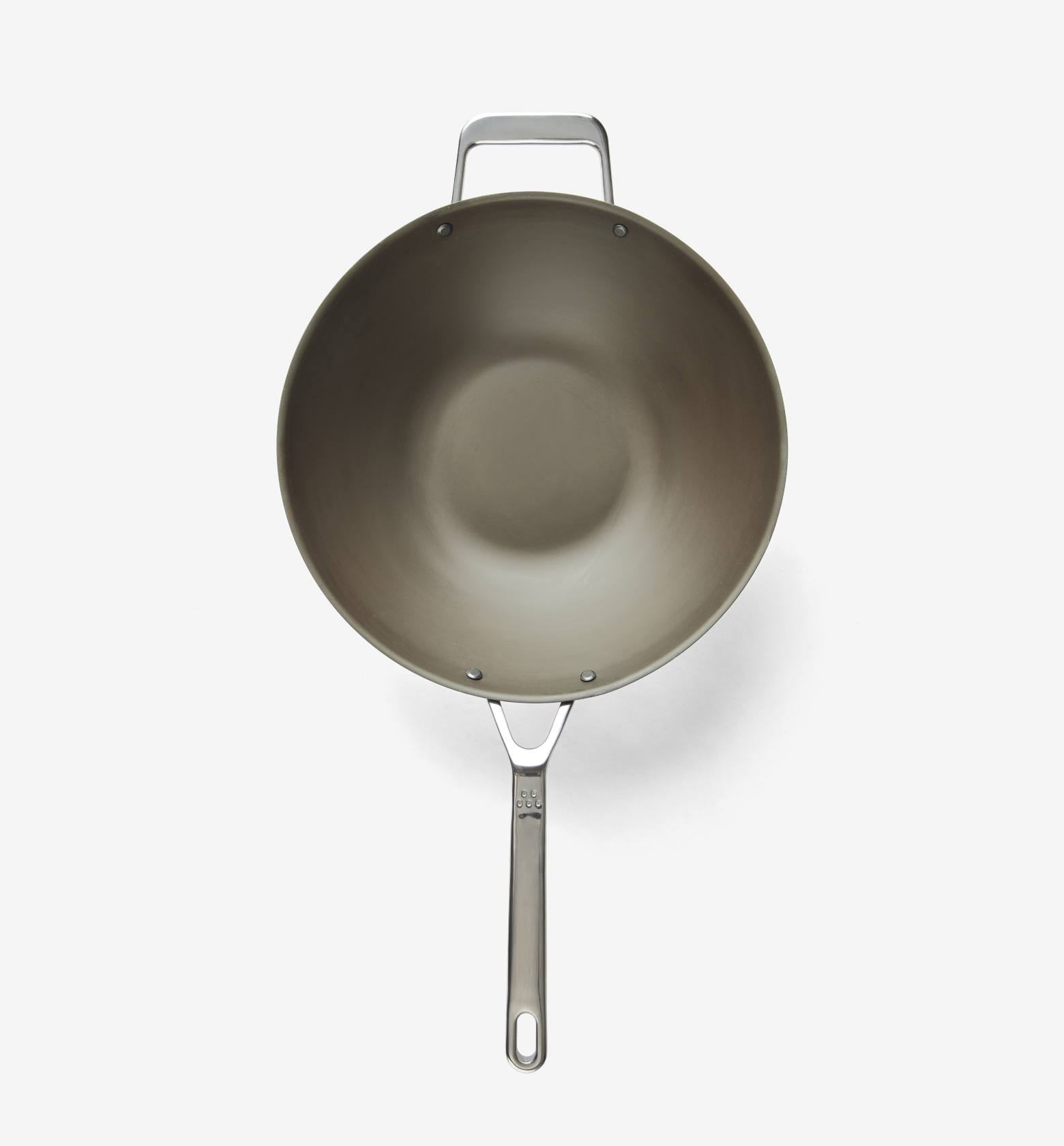 Nonstick wok with stainless steel handle and helper handle, top-down view
